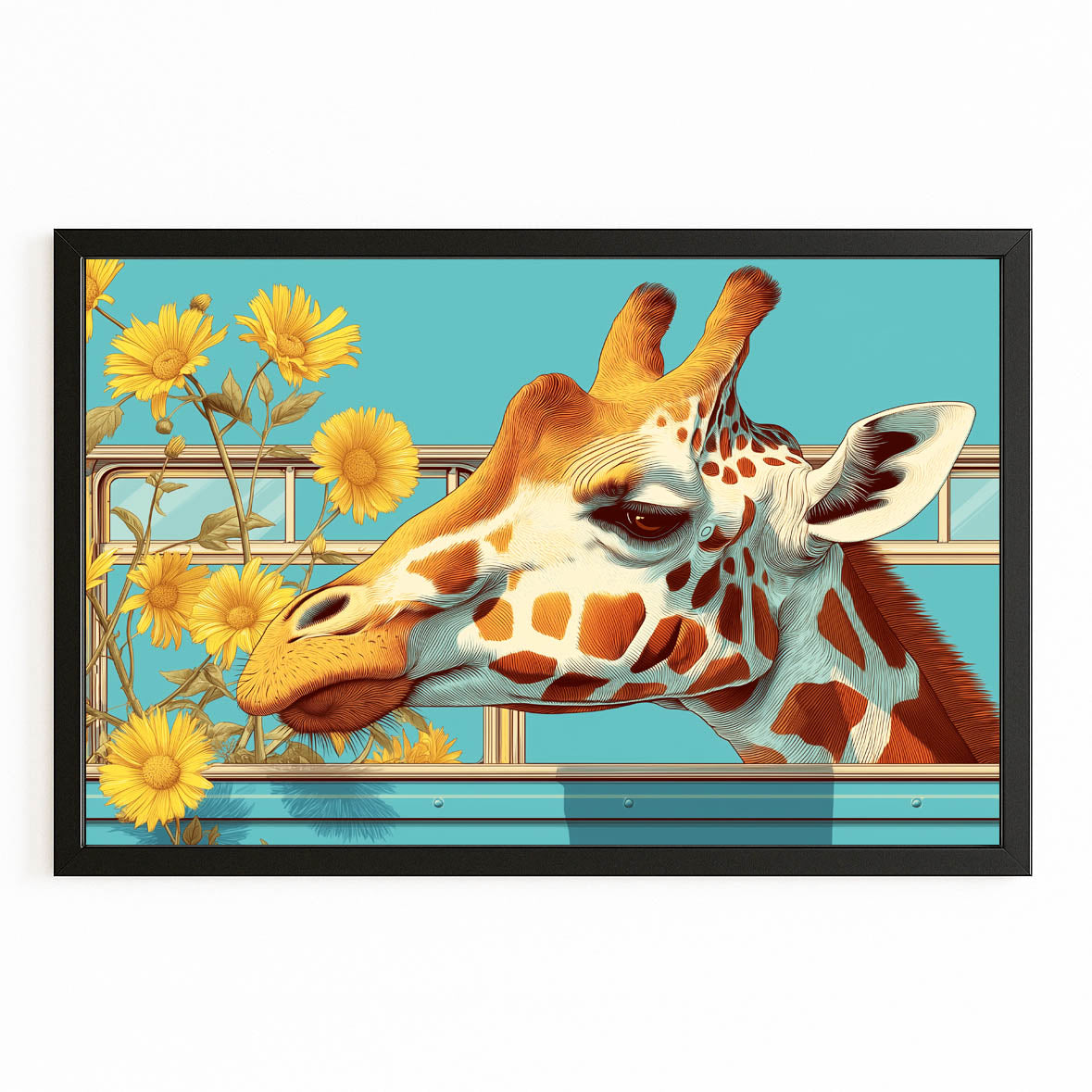 Framed artwork of a giraffe and yellow flowers on a blue background