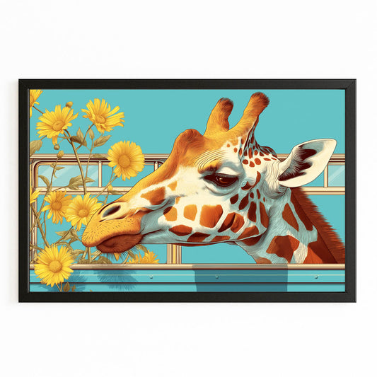 Framed artwork of a giraffe and yellow flowers on a blue background