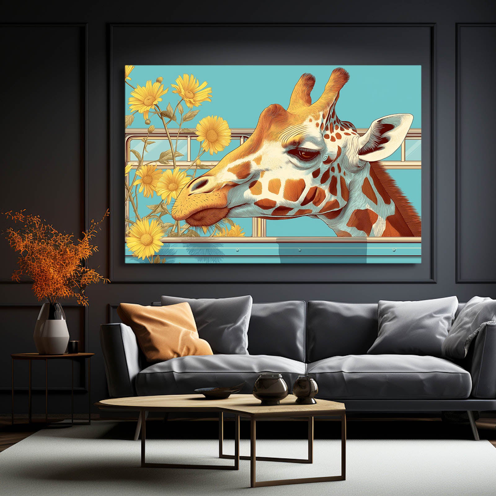Framed artwork of a giraffe with flowers on a wall above a sofa in a living room.