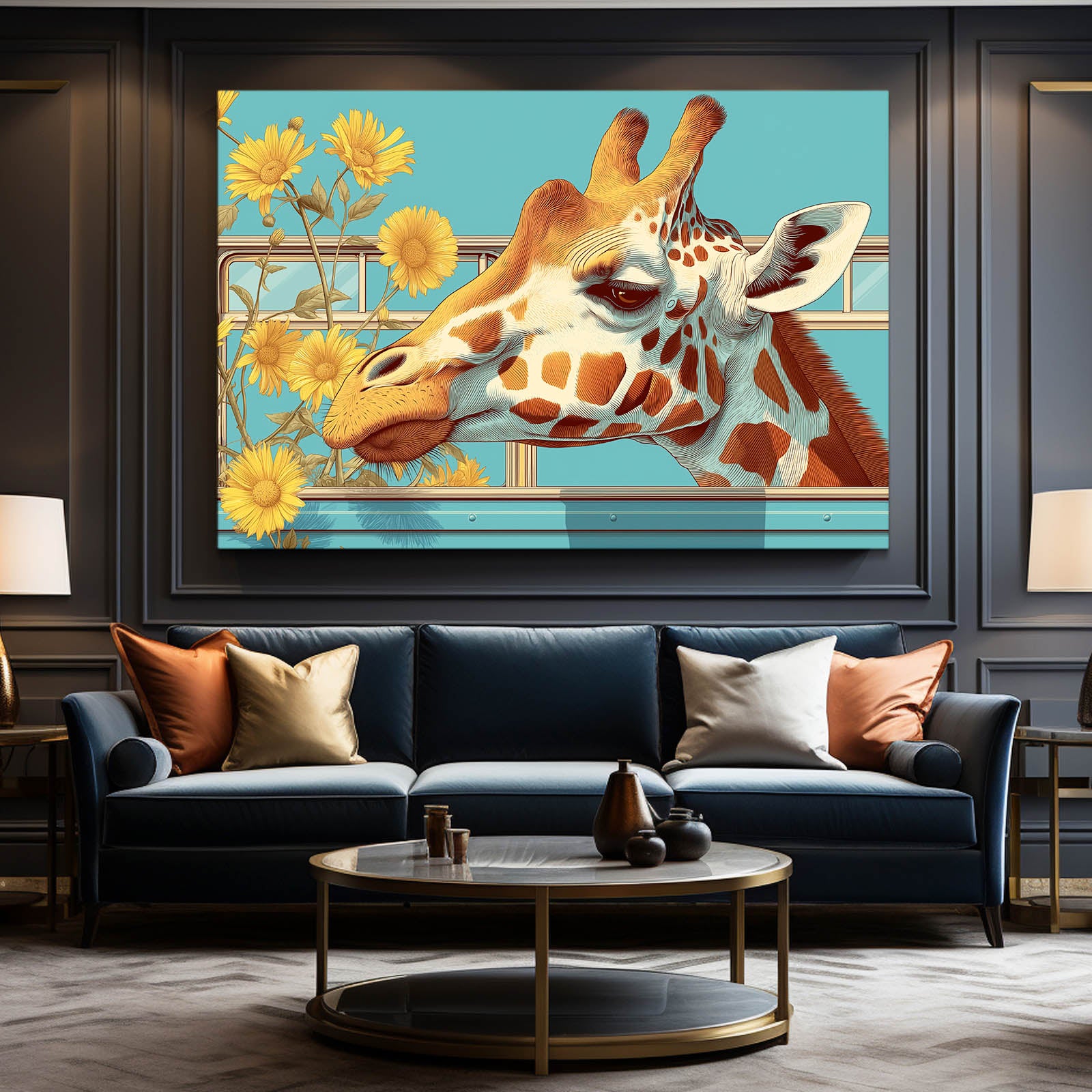Living room with a blue sofa, round coffee table, and a large framed painting of a giraffe.