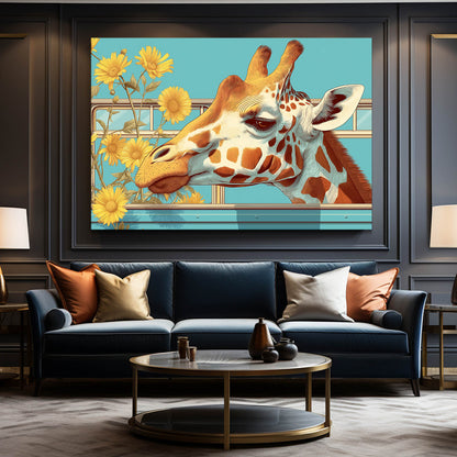 Living room with a blue sofa, round coffee table, and a large framed painting of a giraffe.