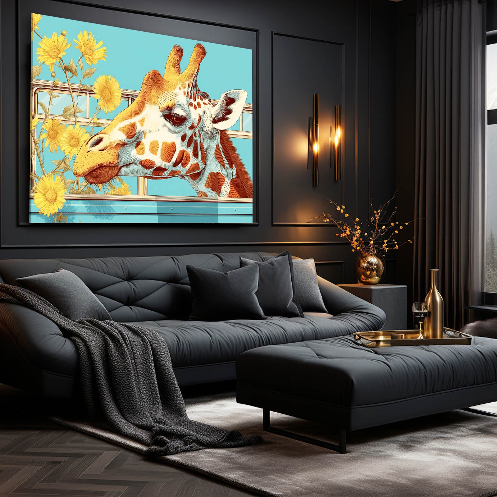 Modern living room with a black sofa, ottoman, and decorative giraffe painting on the wall.