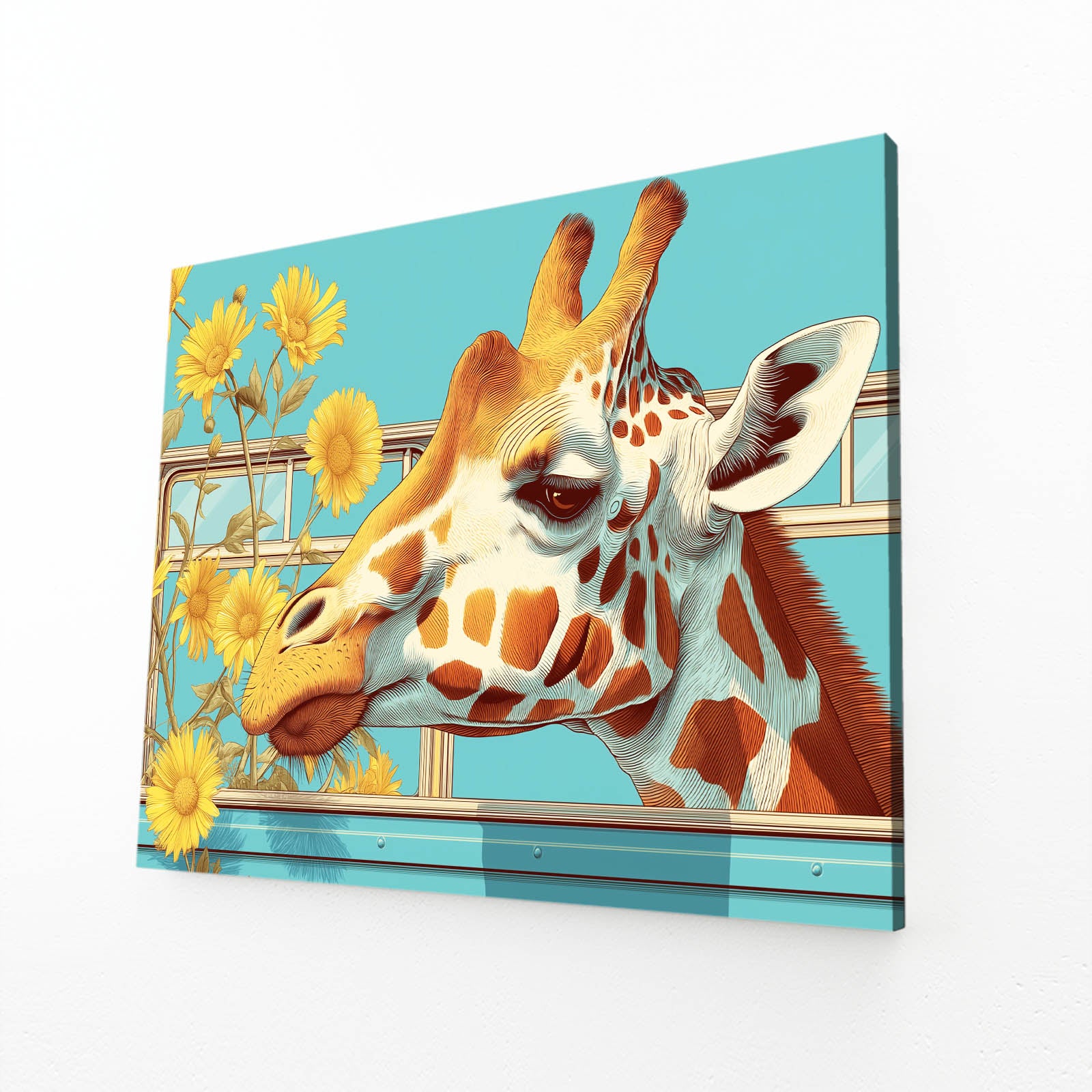 Giraffe painting with flowers on a blue background