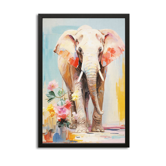 Floral Pastel Elephant Art — contemporary canvas print in orange tones, with Premium Black frame on white background