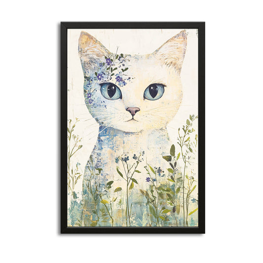 Floral Spirit Cat Wall Art — cute canvas print in white tones, with Premium Black frame on white background