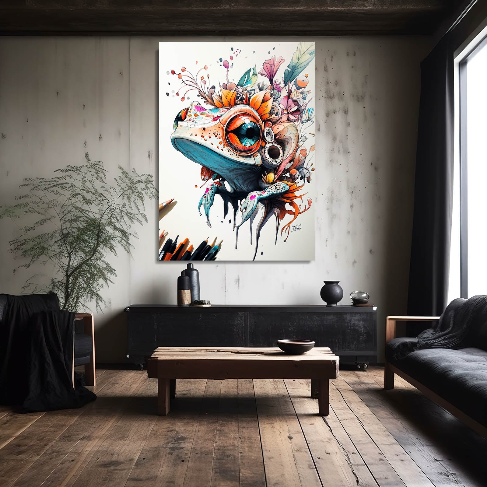 Floral Splash Dreamer Frog Art – styled in a furnished interior