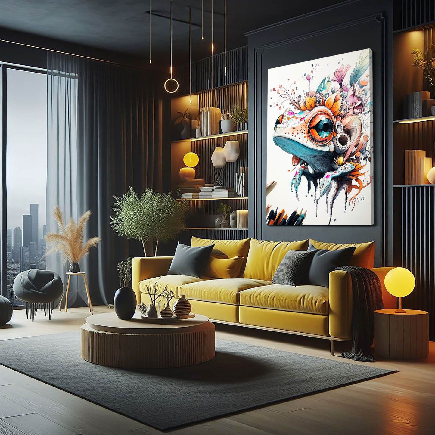 Floral Splash Dreamer Frog Art – styled in a furnished interior