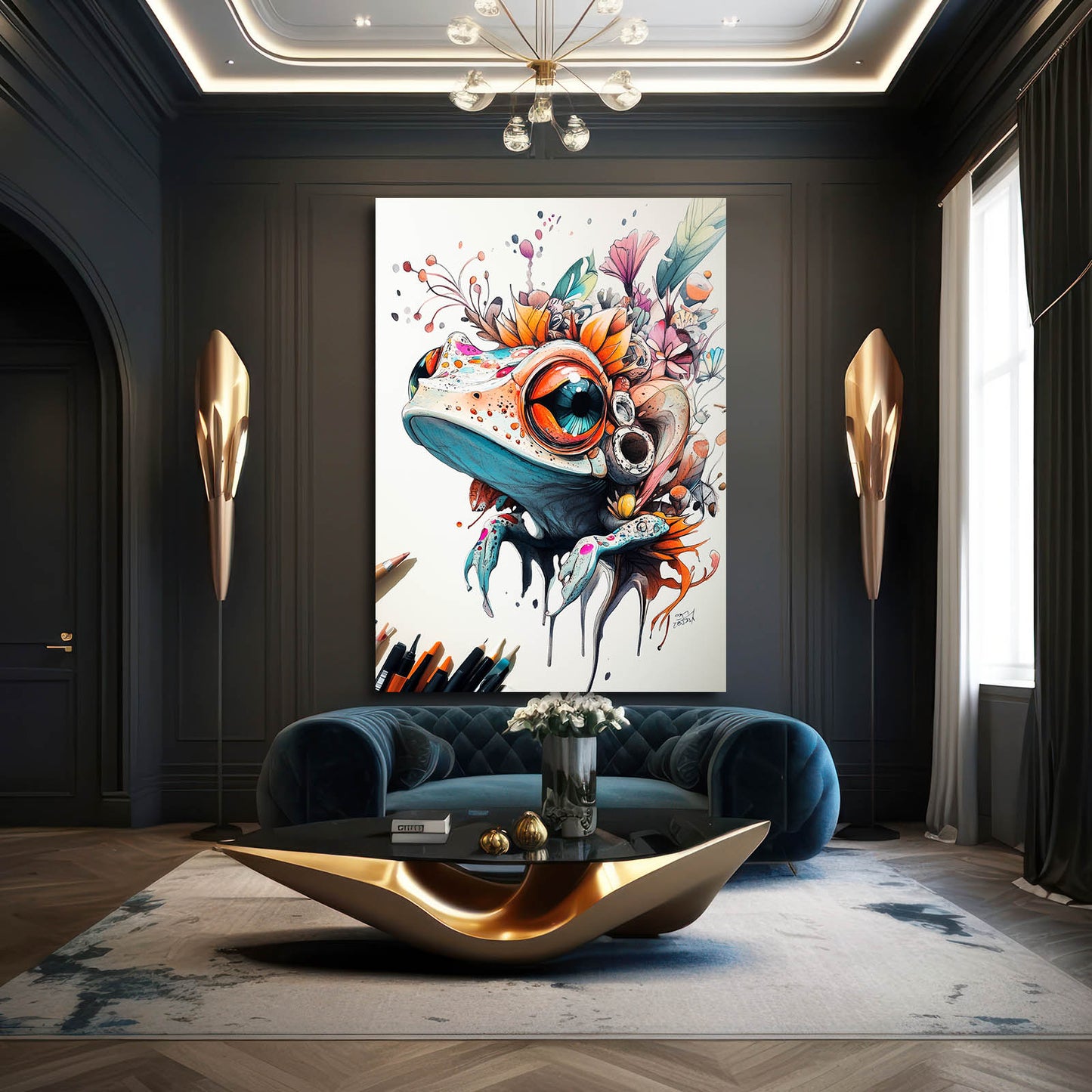 Floral Splash Dreamer Frog Art – styled in a furnished interior