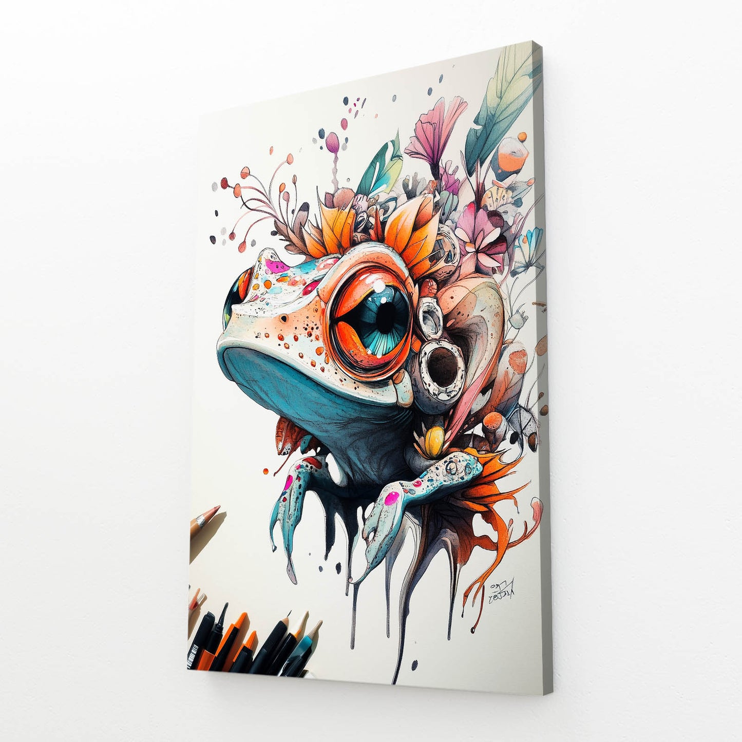 Floral Splash Dreamer Frog Art – angled canvas view on white background