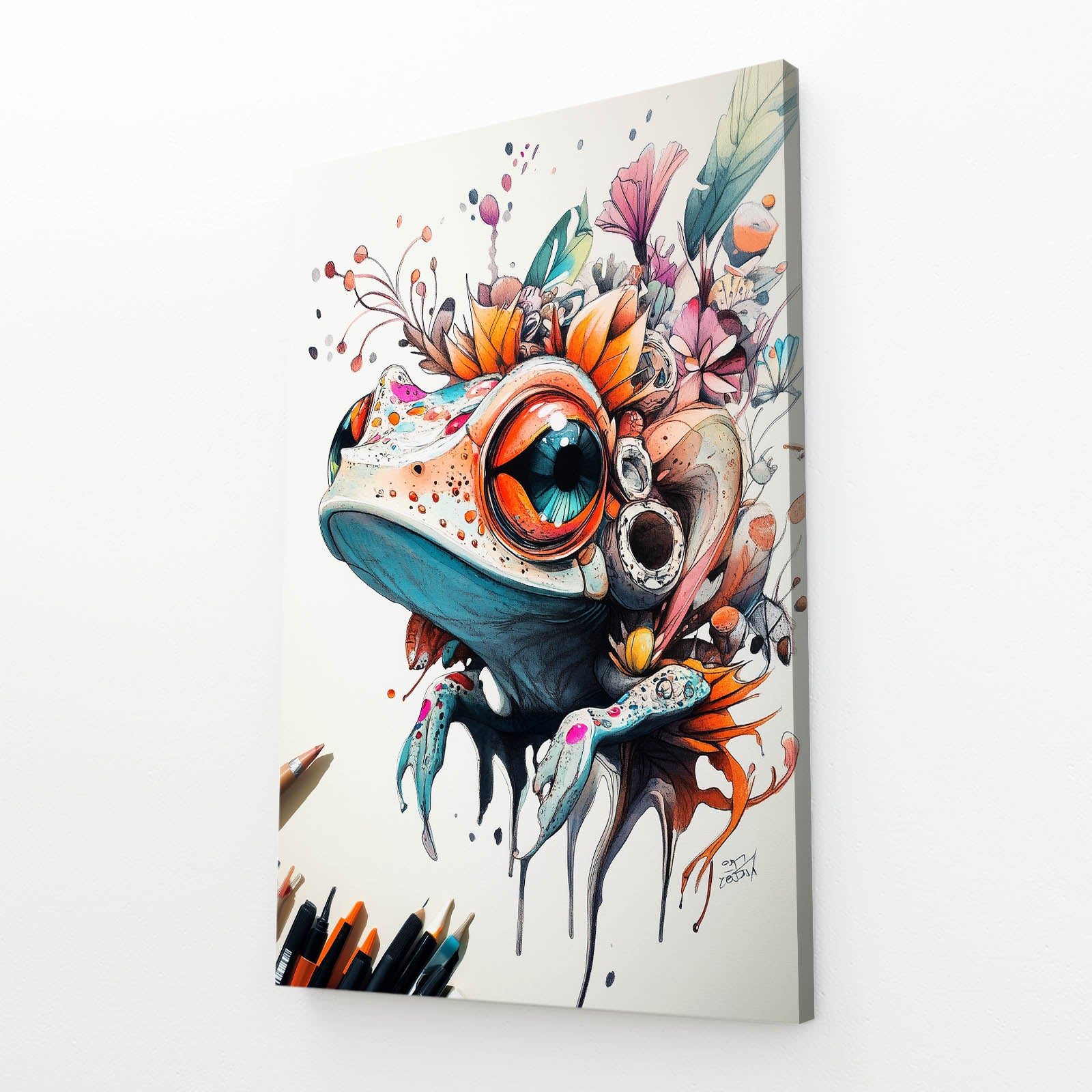 Floral Splash Dreamer Frog Art – angled canvas view on white background