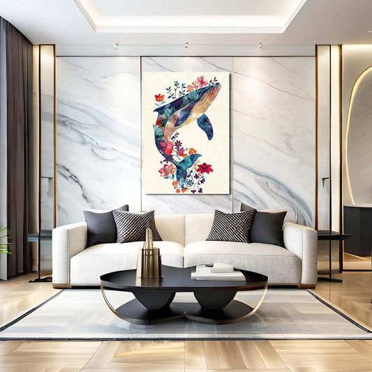 Floral Whale Art — watercolor canvas print in white tones, view 3