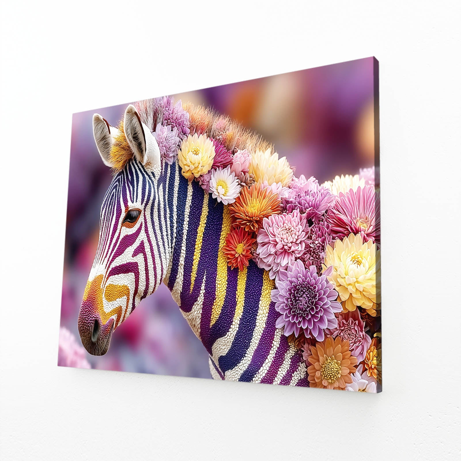 Floral Zebra Wall Art – angled canvas view on white background