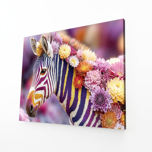 Floral Zebra Wall Art – angled canvas view on white background