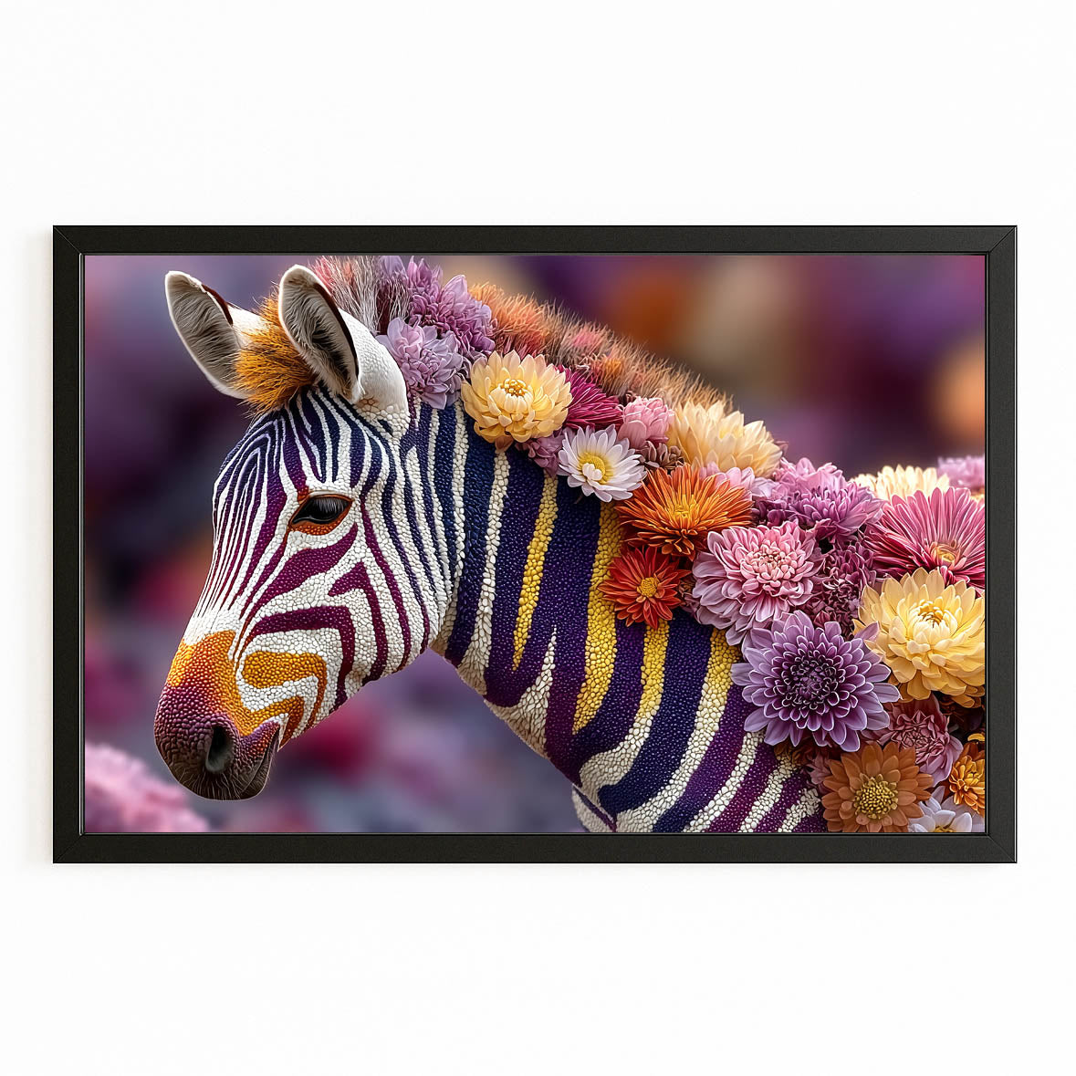 Floral Zebra Wall Art – with Premium Black frame on white background