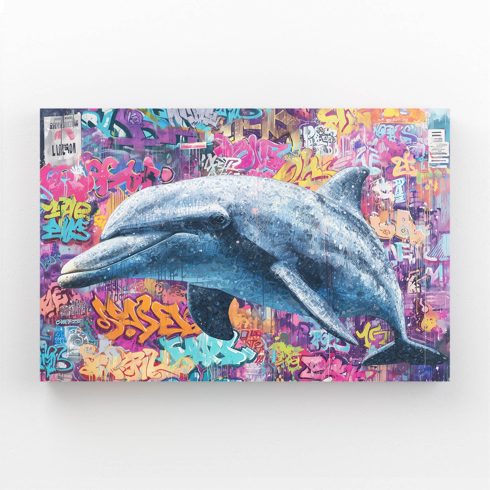 Flower Graffiti Dolphin Art – realistic dolphin swimming across a flower-covered graffiti mural wall