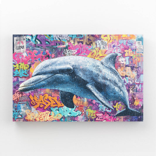 Flower Graffiti Dolphin Art – realistic dolphin swimming across a flower-covered graffiti mural wall