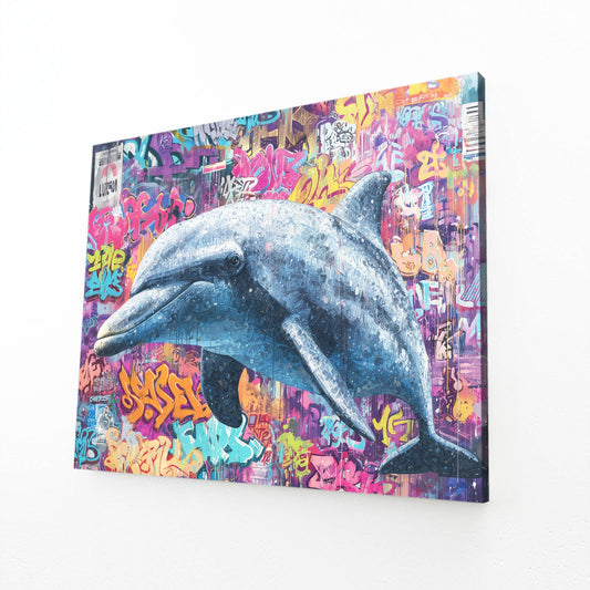 Flower Graffiti Dolphin Art – angled canvas view on white background