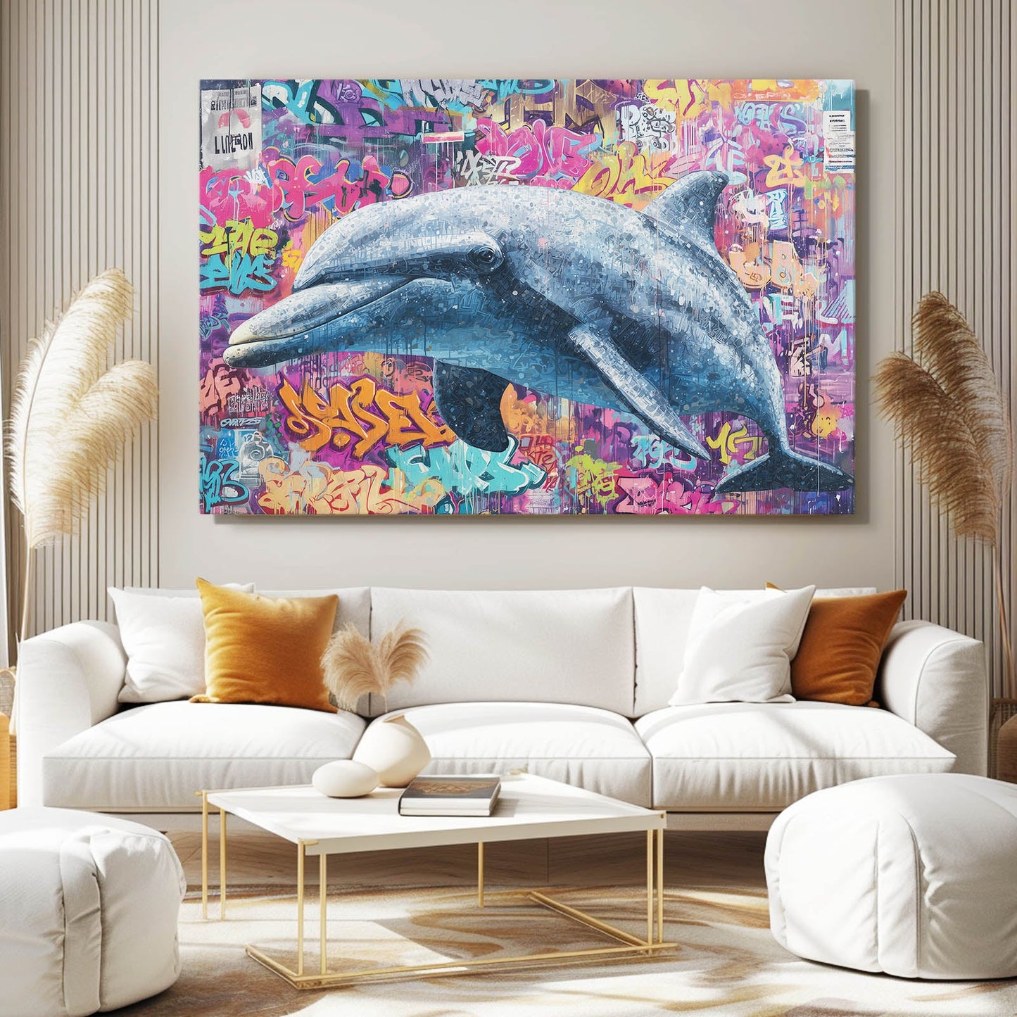 Flower Graffiti Dolphin Art – styled in a furnished interior