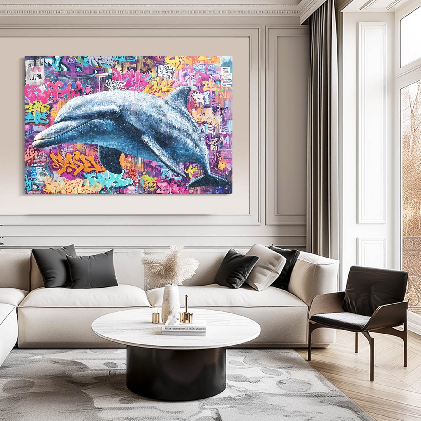 Flower Graffiti Dolphin Art – styled in a furnished interior