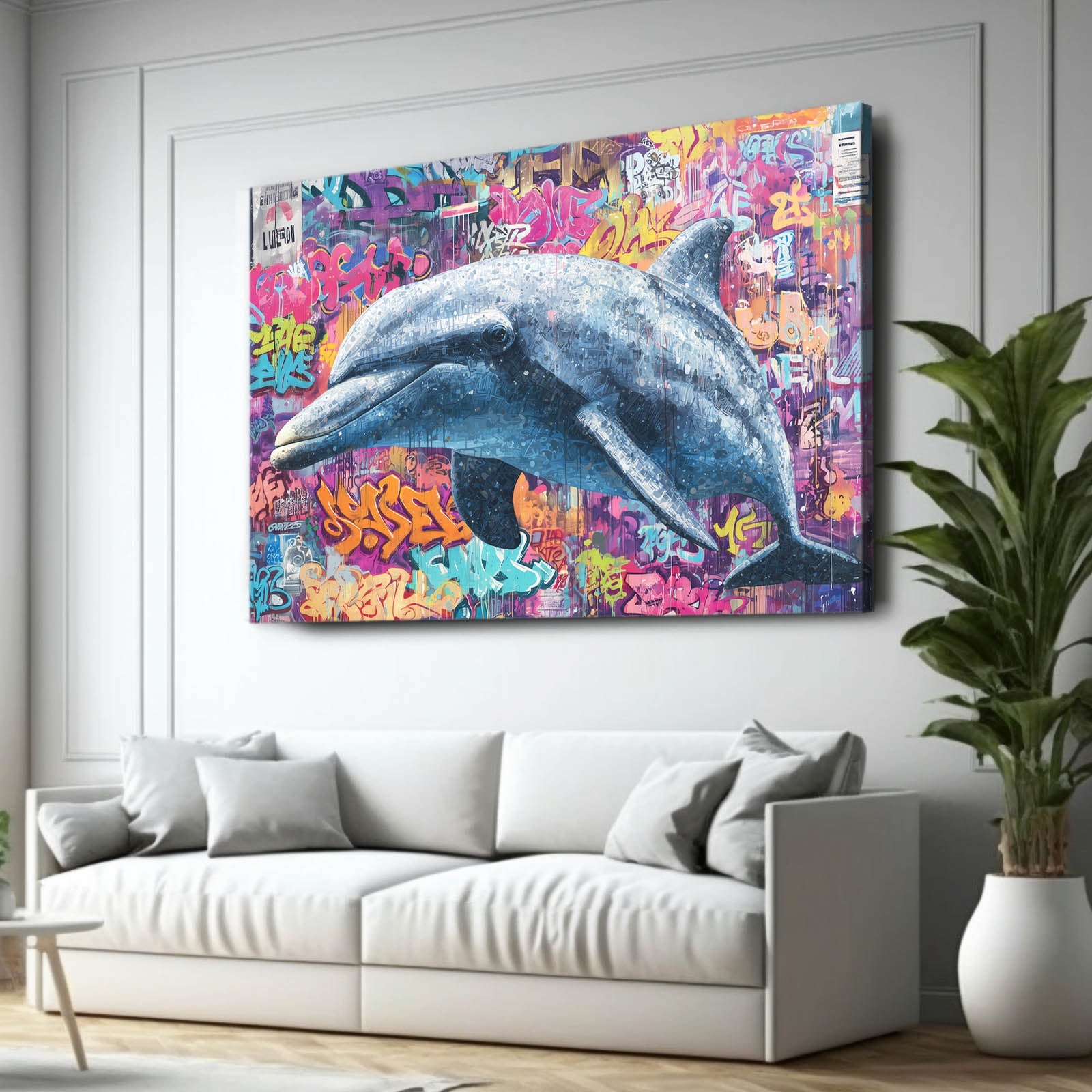 Flower Graffiti Dolphin Art – styled in a furnished interior