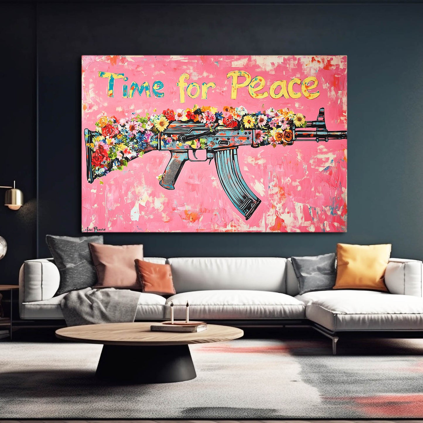 Flower Power Rifle Peace Prints – styled in a furnished interior