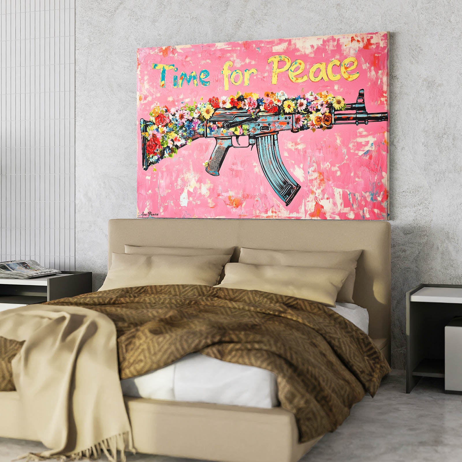 Flower Power Rifle Peace Prints – styled in a furnished interior