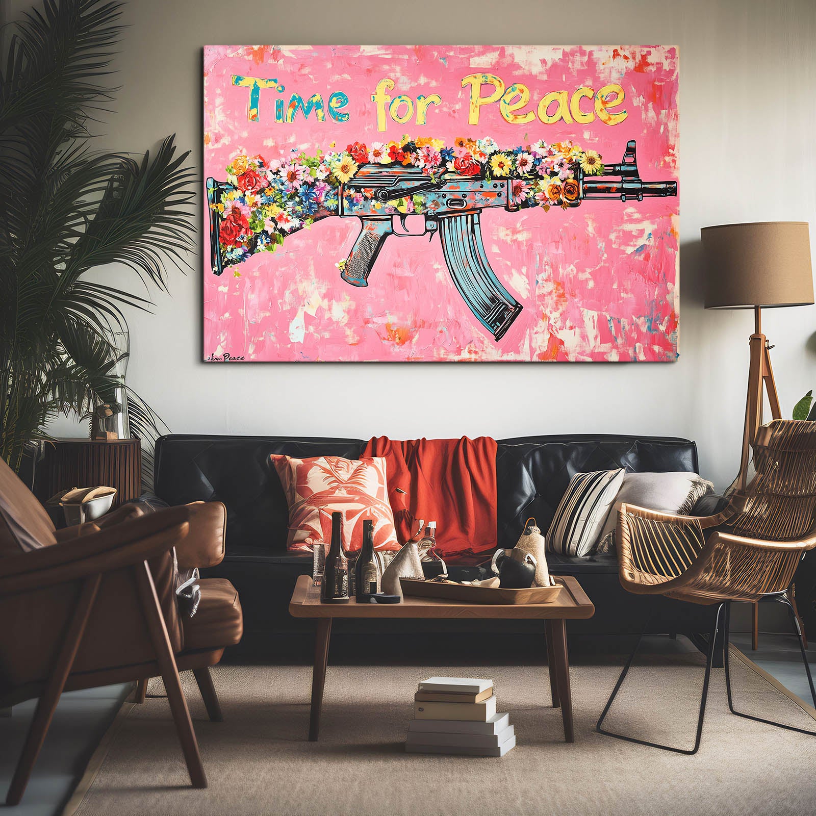 Flower Power Rifle Peace Prints – styled in a furnished interior