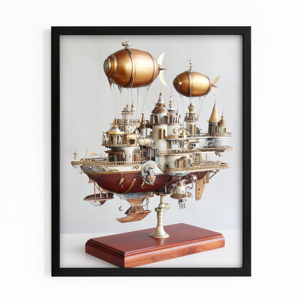 Flying Airship City Steampunk Canvas – with Premium Black frame on white background