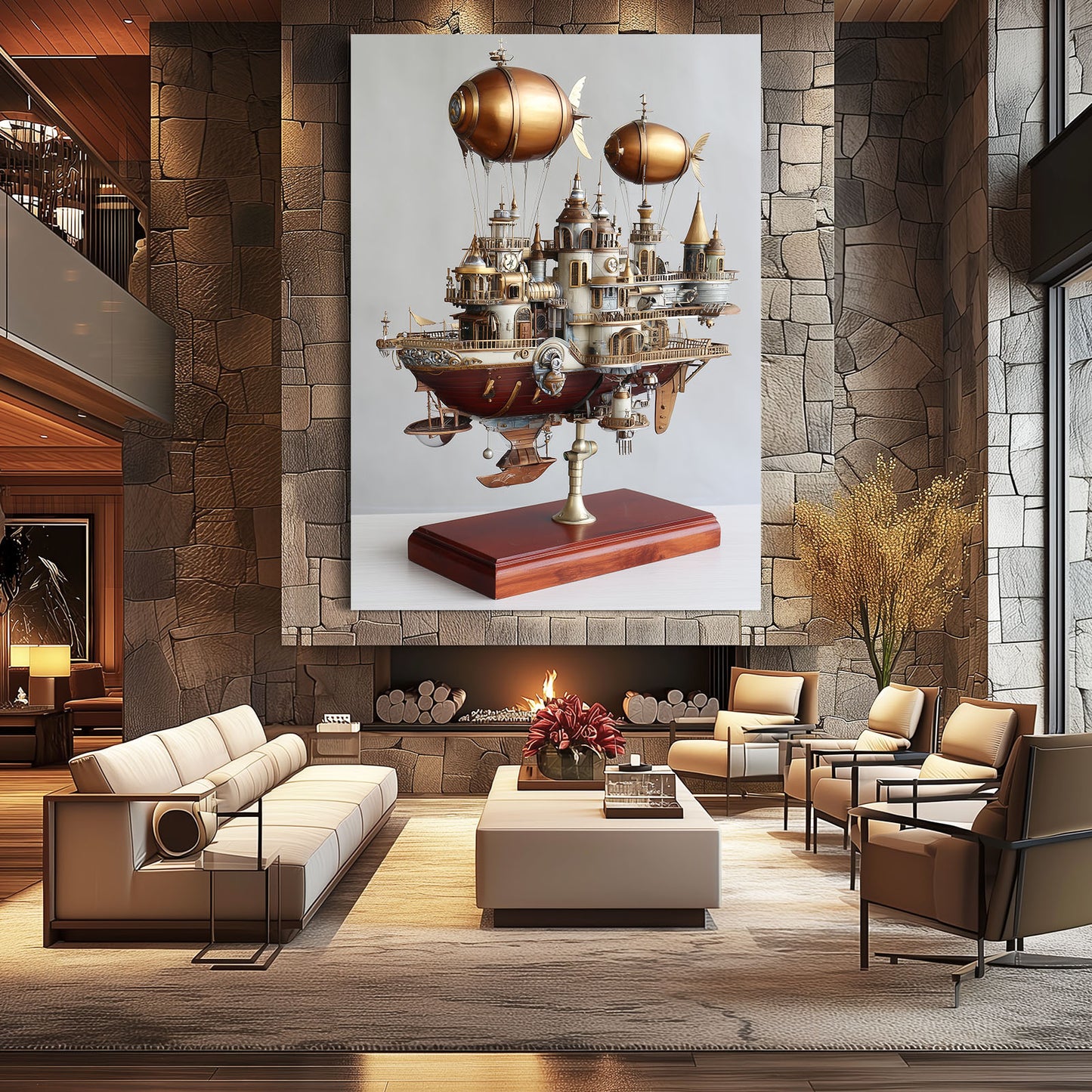 Flying Airship City Steampunk Canvas – styled in a furnished interior