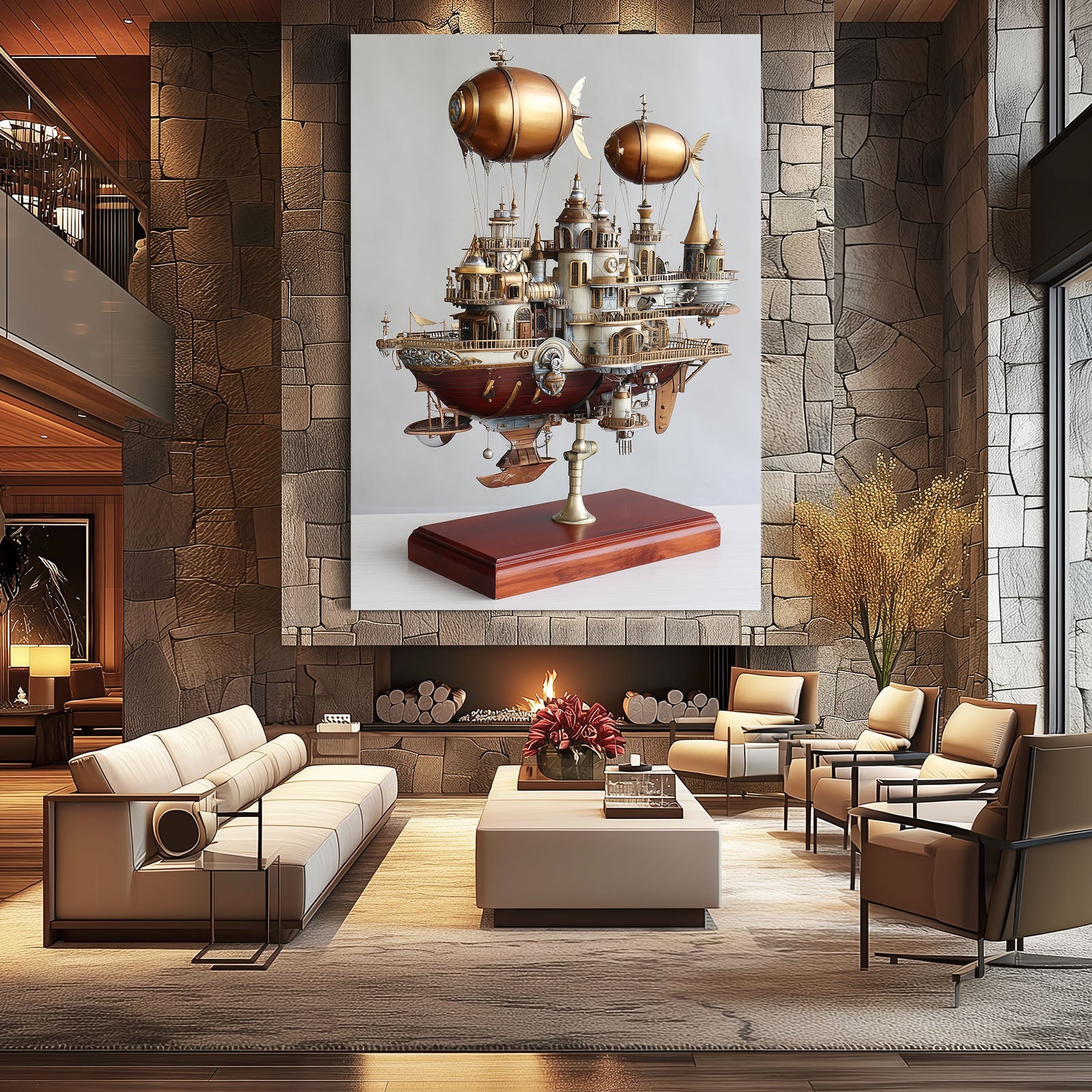Flying Airship City Steampunk Canvas – styled in a furnished interior