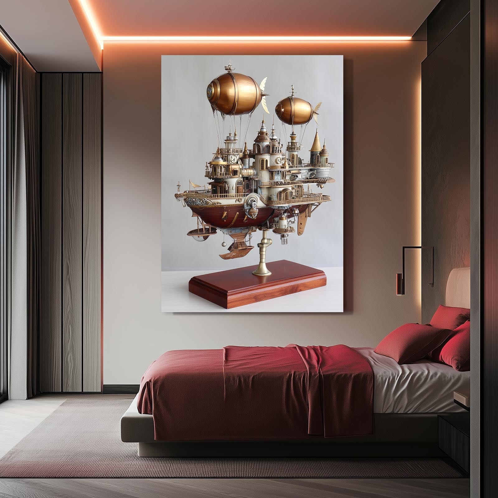 Flying Airship City Steampunk Canvas – styled in a furnished interior