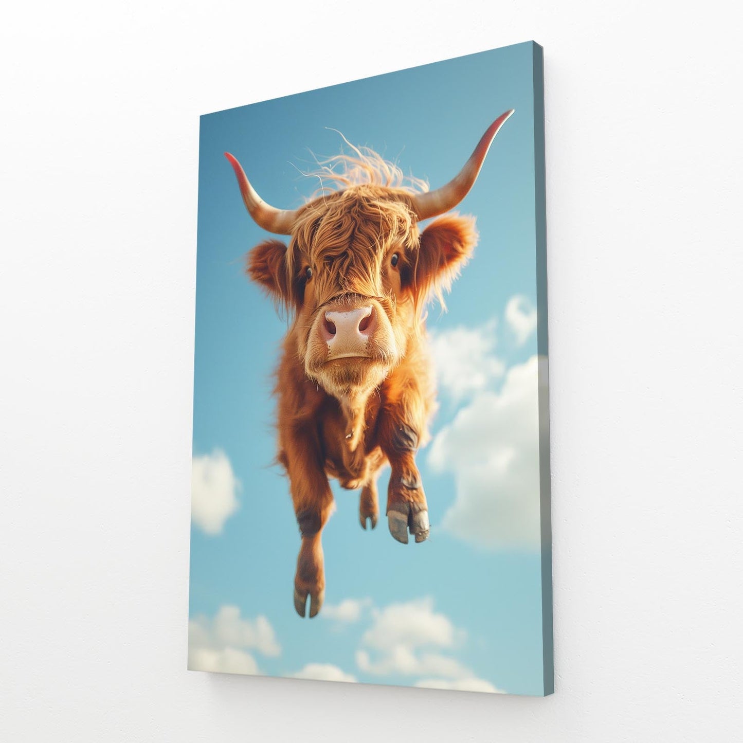Flying Cool Cow Canvas Art – angled canvas view on white background