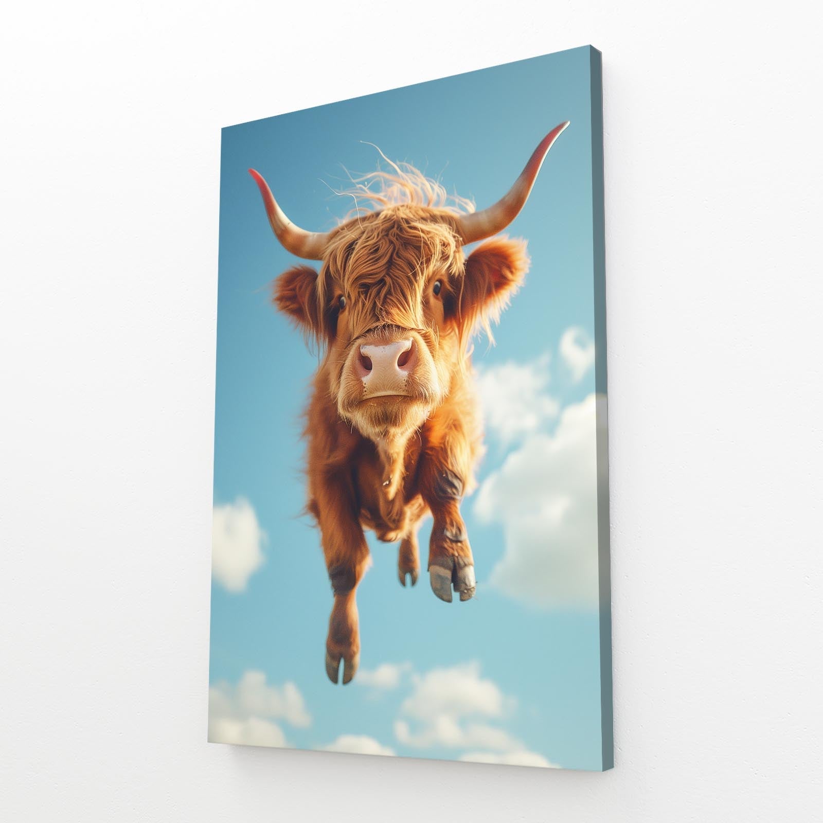 Flying Cool Cow Canvas Art – angled canvas view on white background