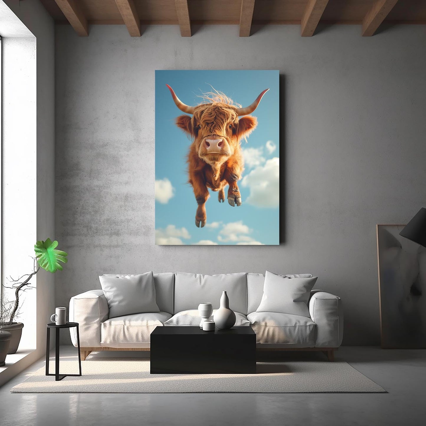 Flying Cool Cow Canvas Art – angled canvas view on white background