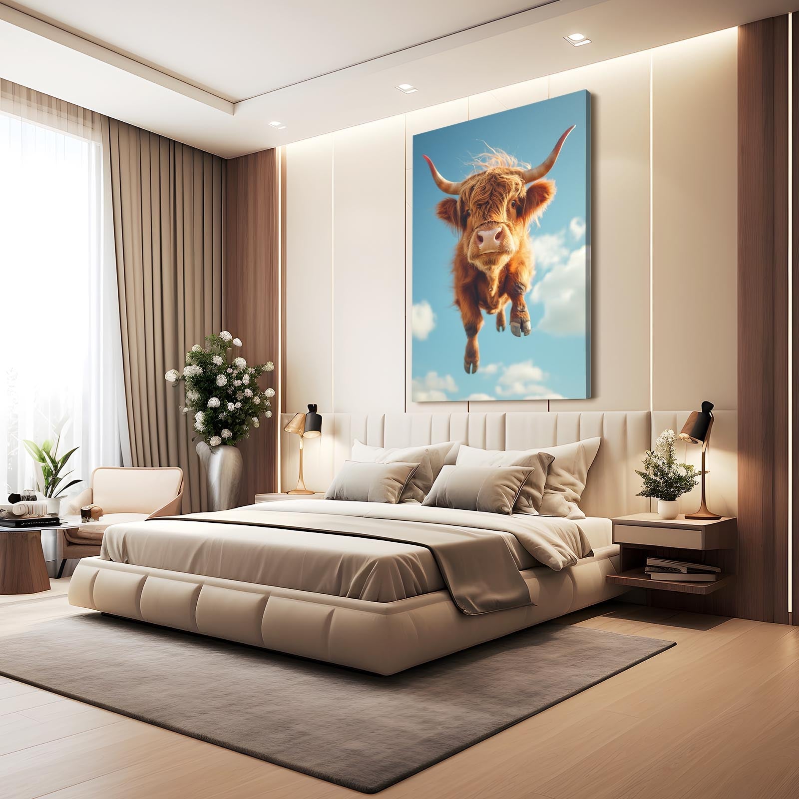 Flying Cool Cow Canvas Art – angled canvas view on white background