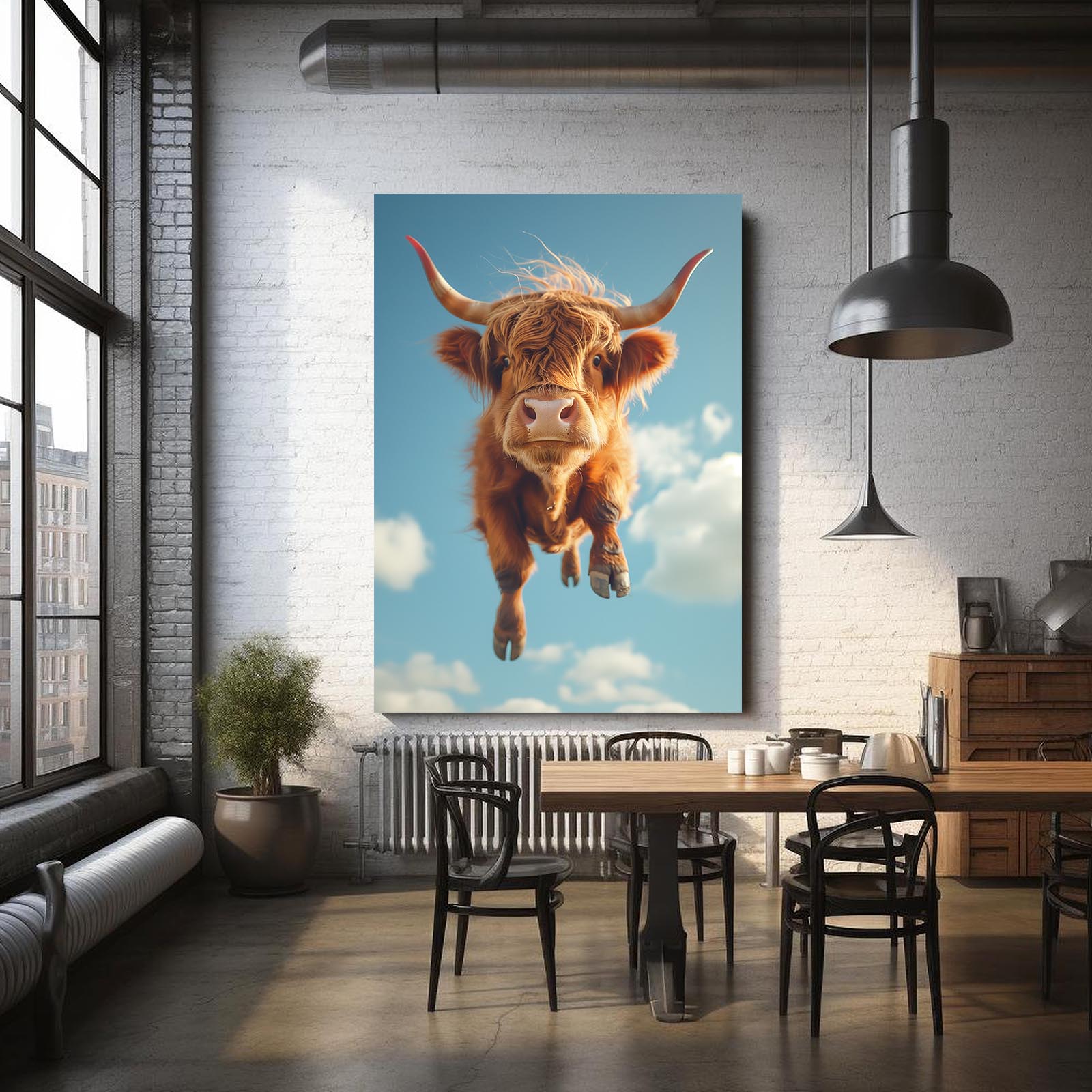 Flying Cool Cow Canvas Art – angled canvas view on white background