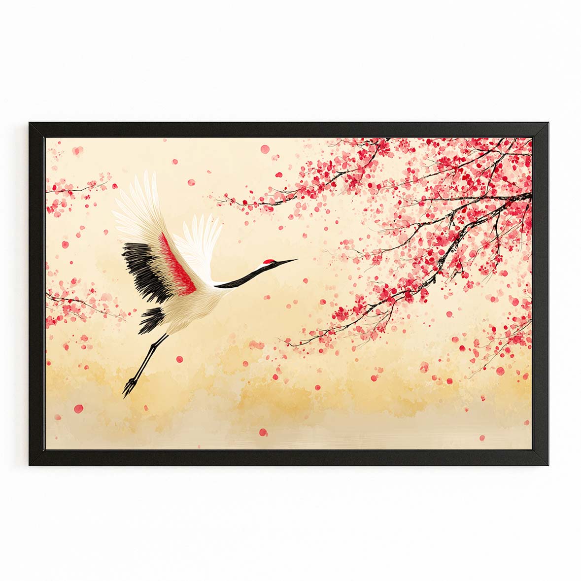 Flying Crane Cherry Blossom Prints – with Premium Black frame on white background