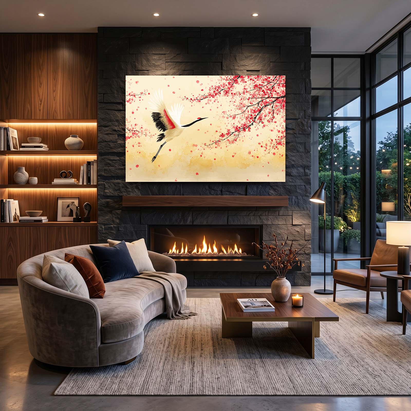 Flying Crane Cherry Blossom Prints – styled in a furnished interior