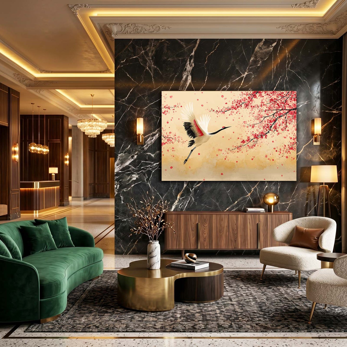 Flying Crane Cherry Blossom Prints – styled in a furnished interior