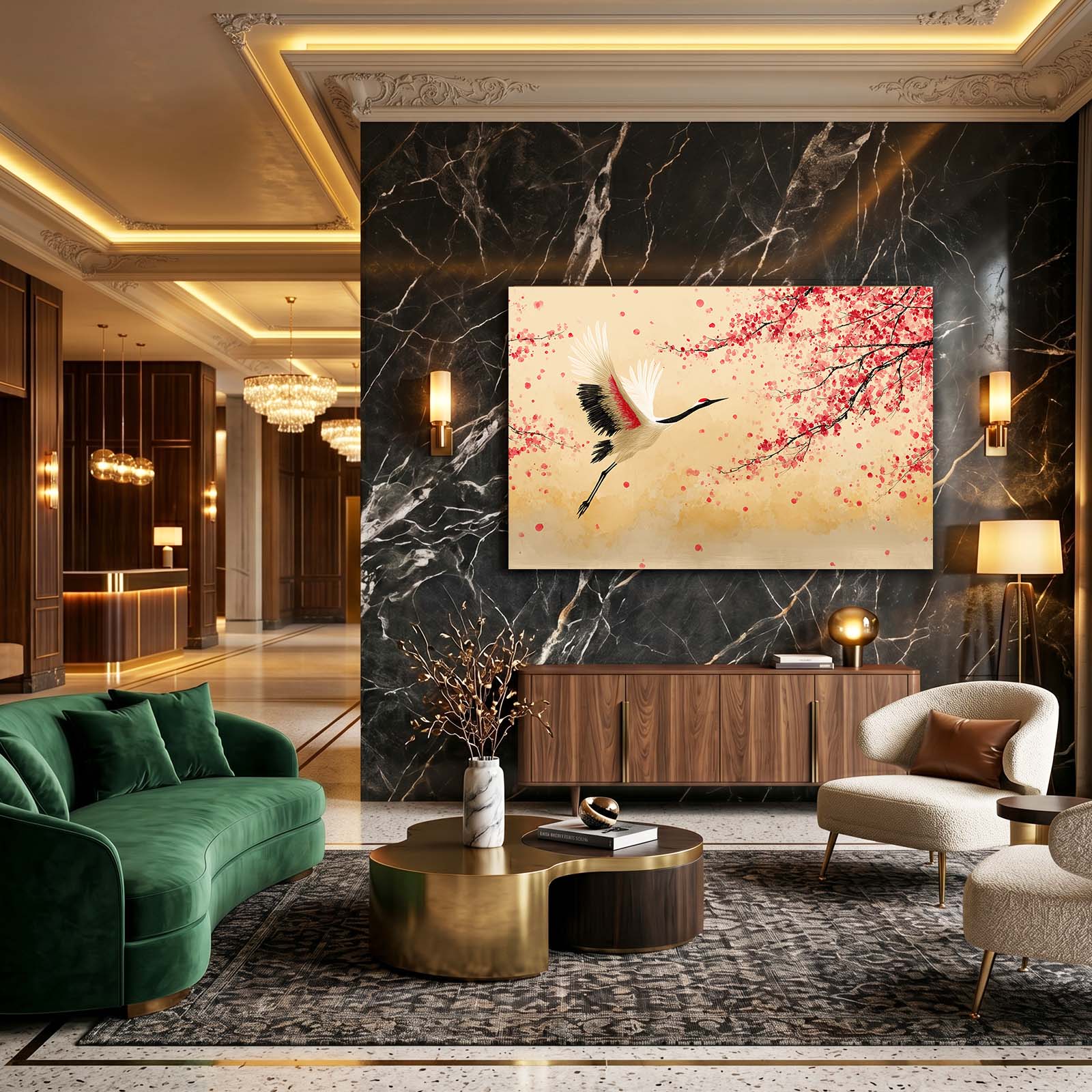 Flying Crane Cherry Blossom Prints – styled in a furnished interior