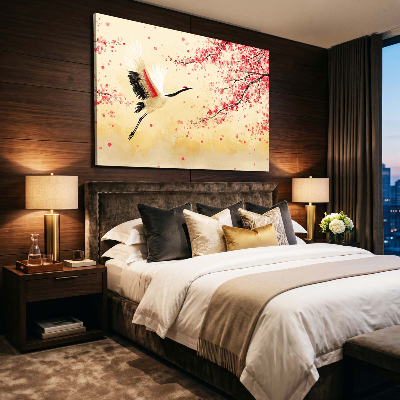 Flying Crane Cherry Blossom Prints – styled in a furnished interior
