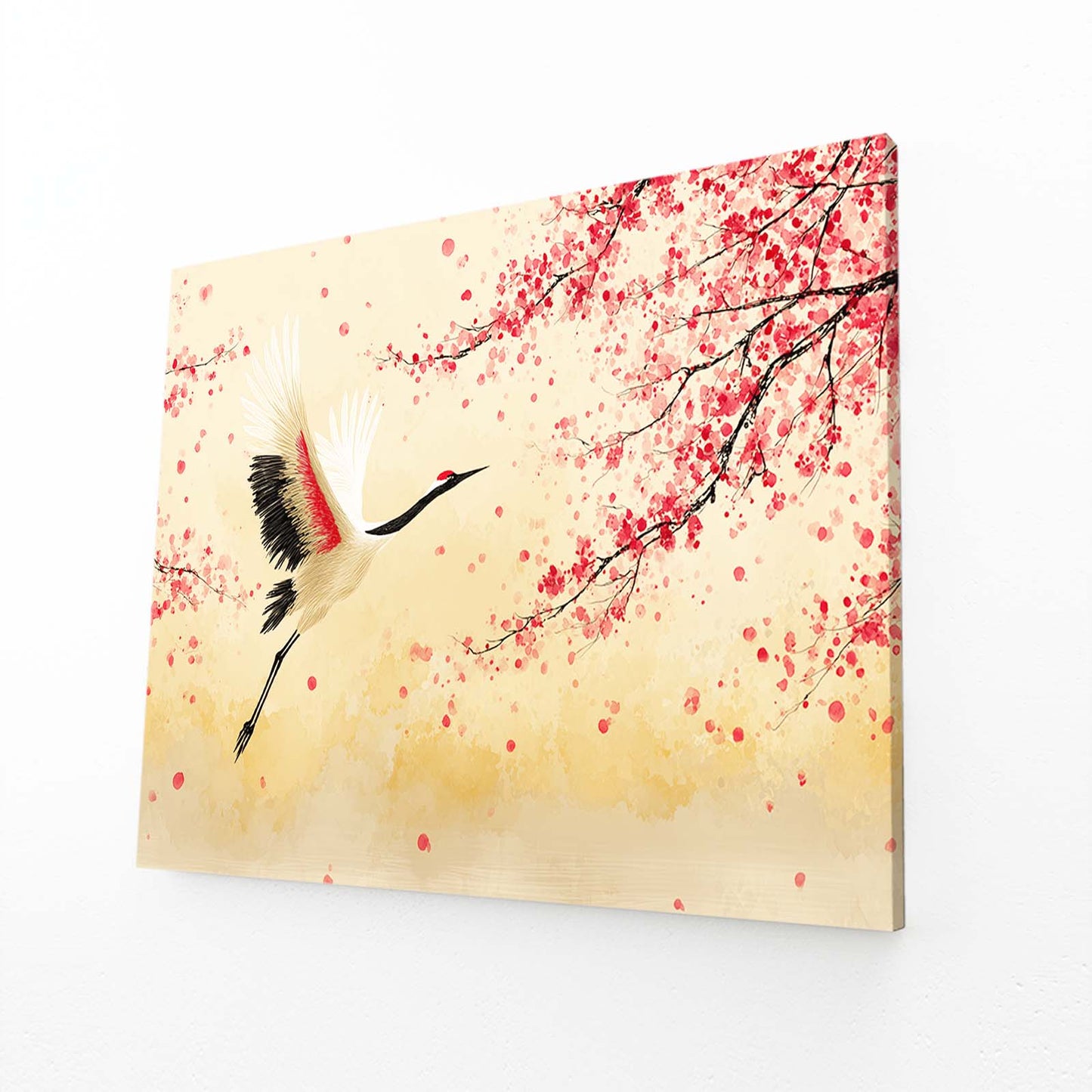 Flying Crane Cherry Blossom Prints – angled canvas view on white background