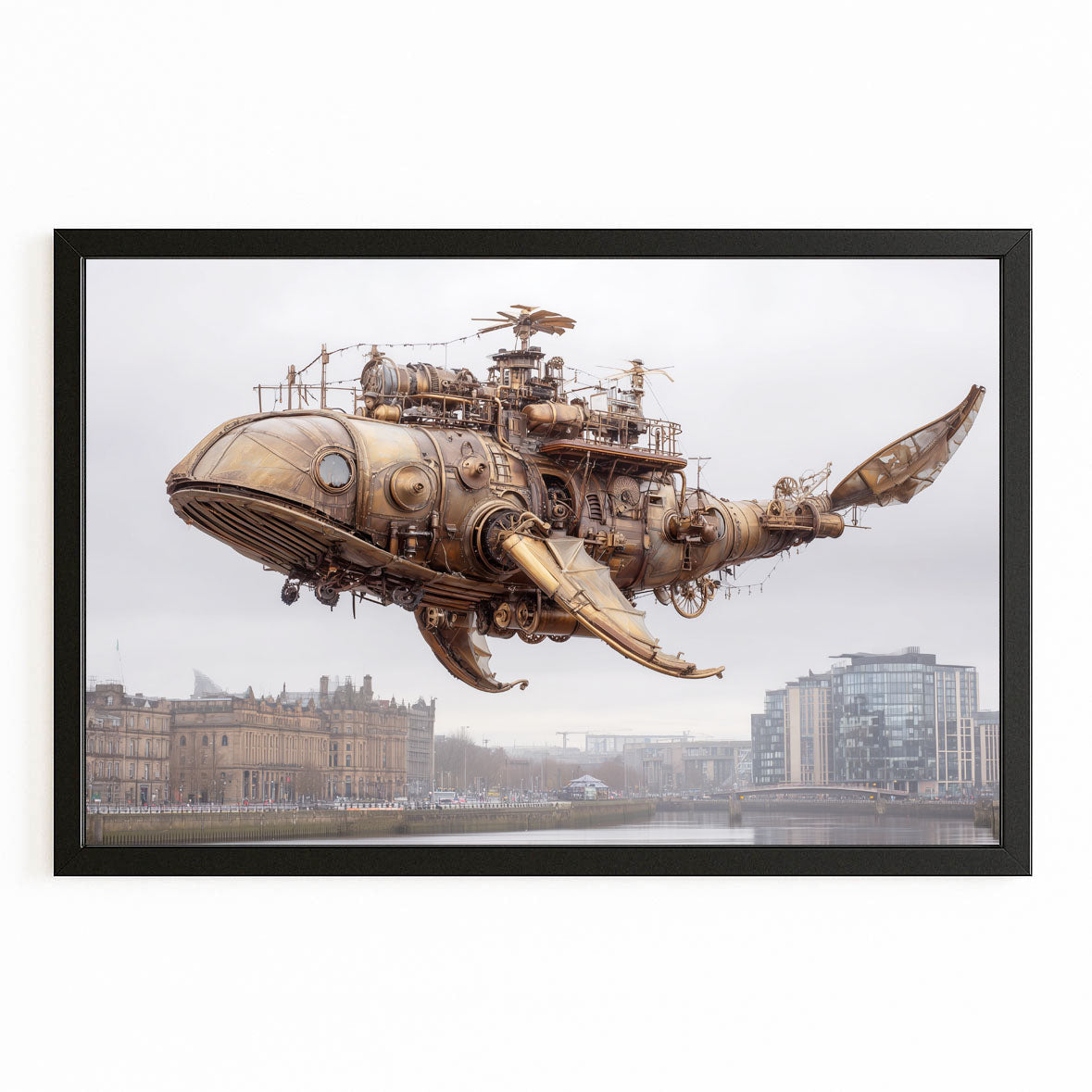 Flying Whale Airship Steampunk Canvas Art – with Premium Black frame on white background