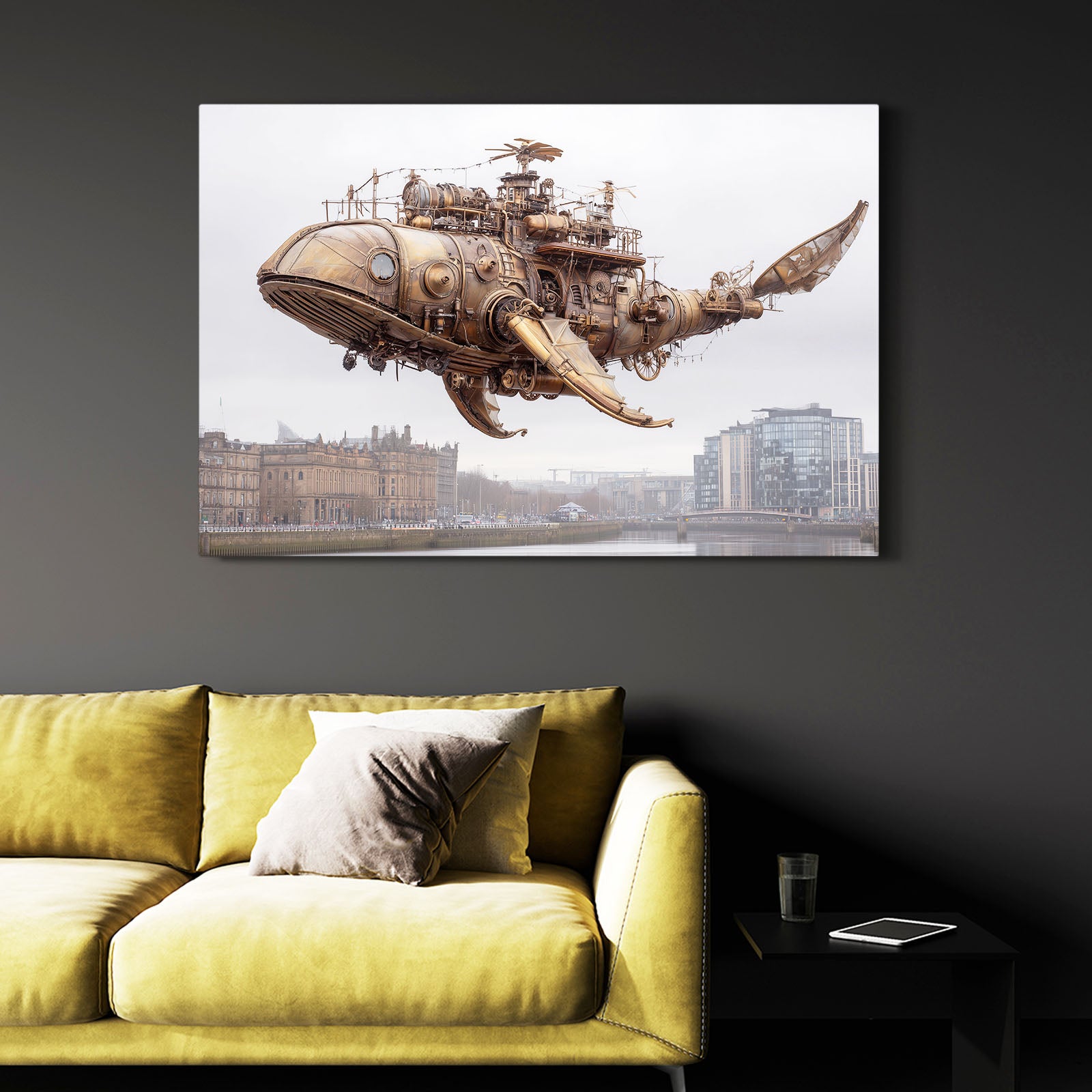 Flying Whale Airship Steampunk Canvas Art – styled in a furnished interior