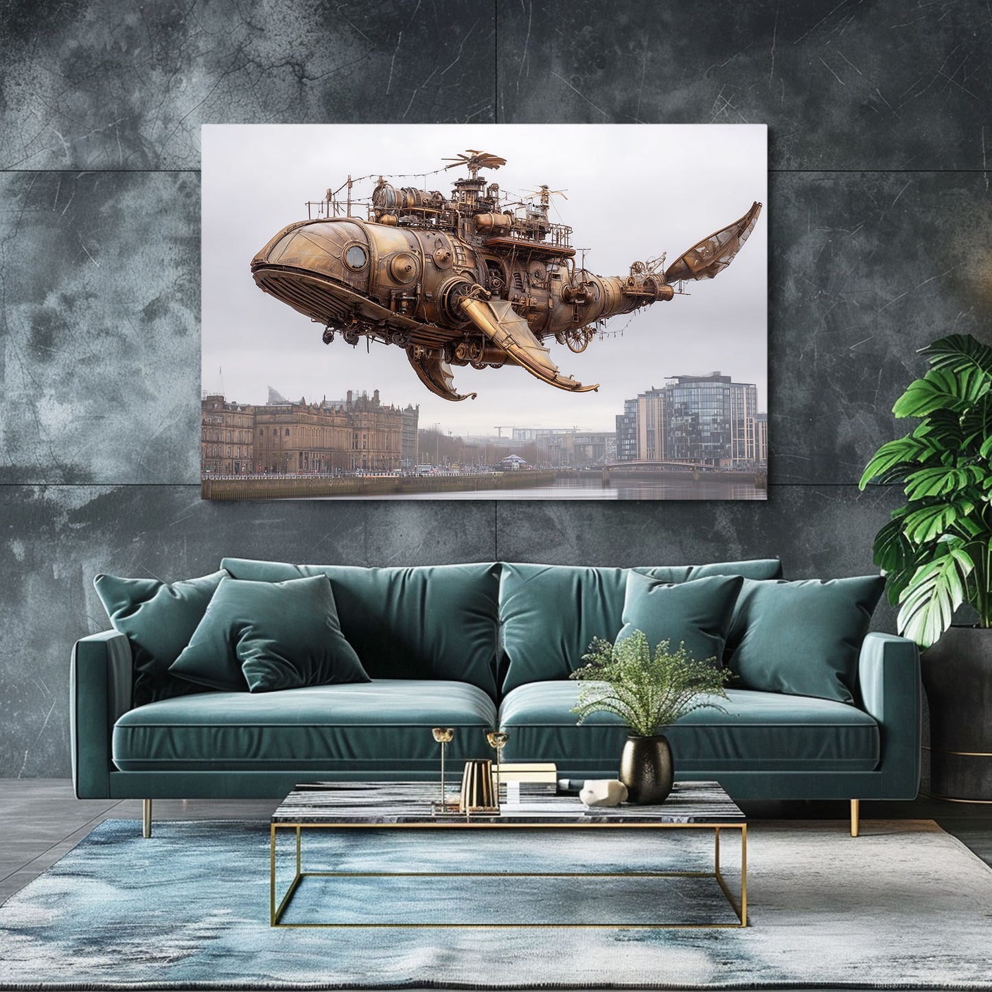 Flying Whale Airship Steampunk Canvas Art – styled in a furnished interior