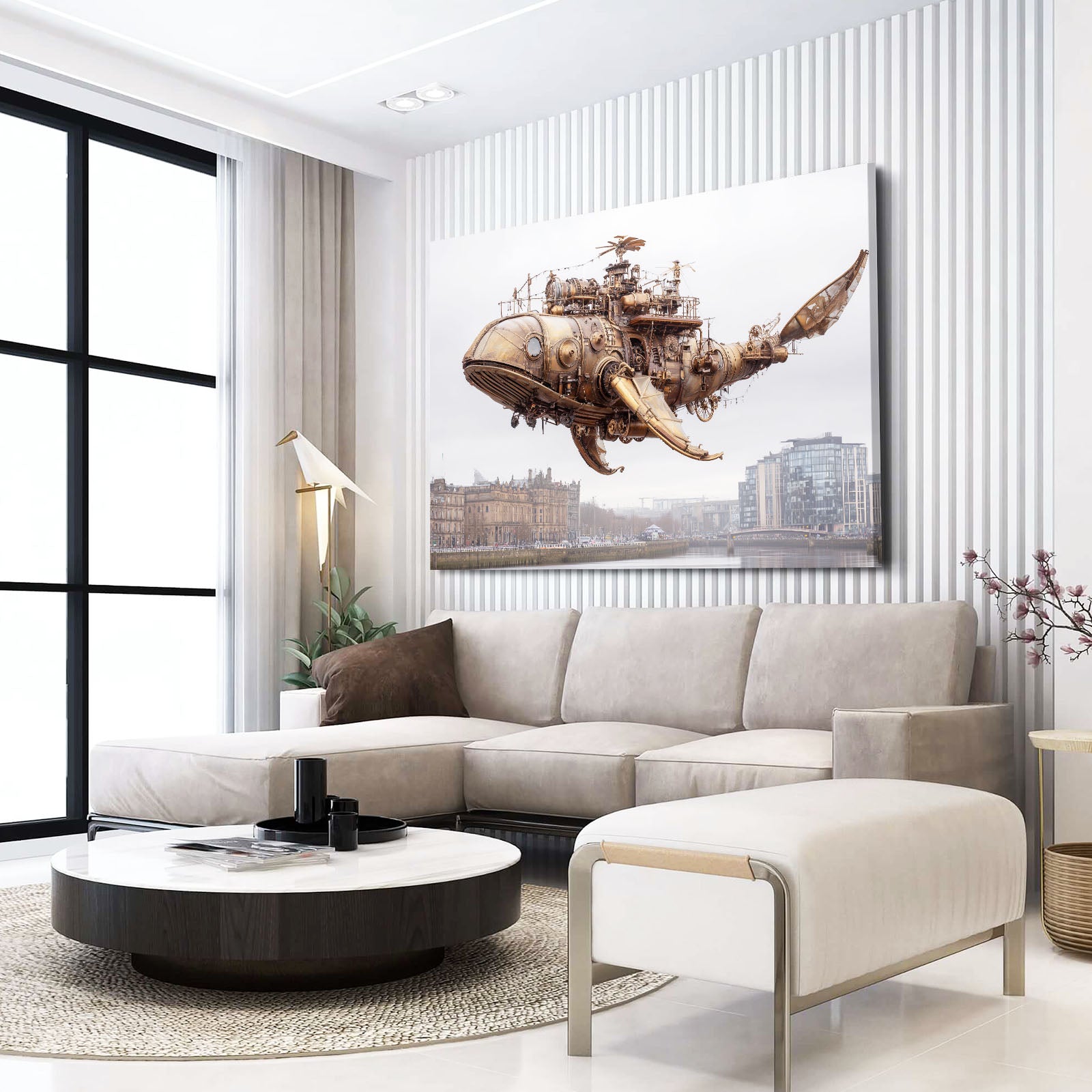 Flying Whale Airship Steampunk Canvas Art – styled in a furnished interior