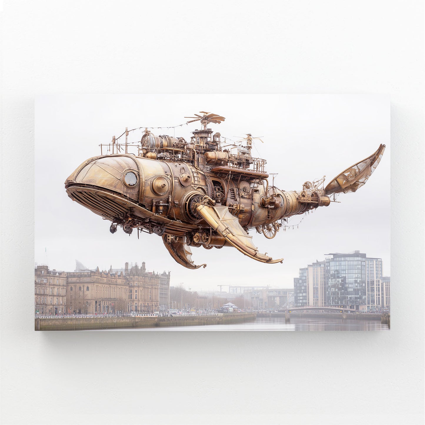 Flying Whale Airship Steampunk Canvas Art – angled canvas view on white background