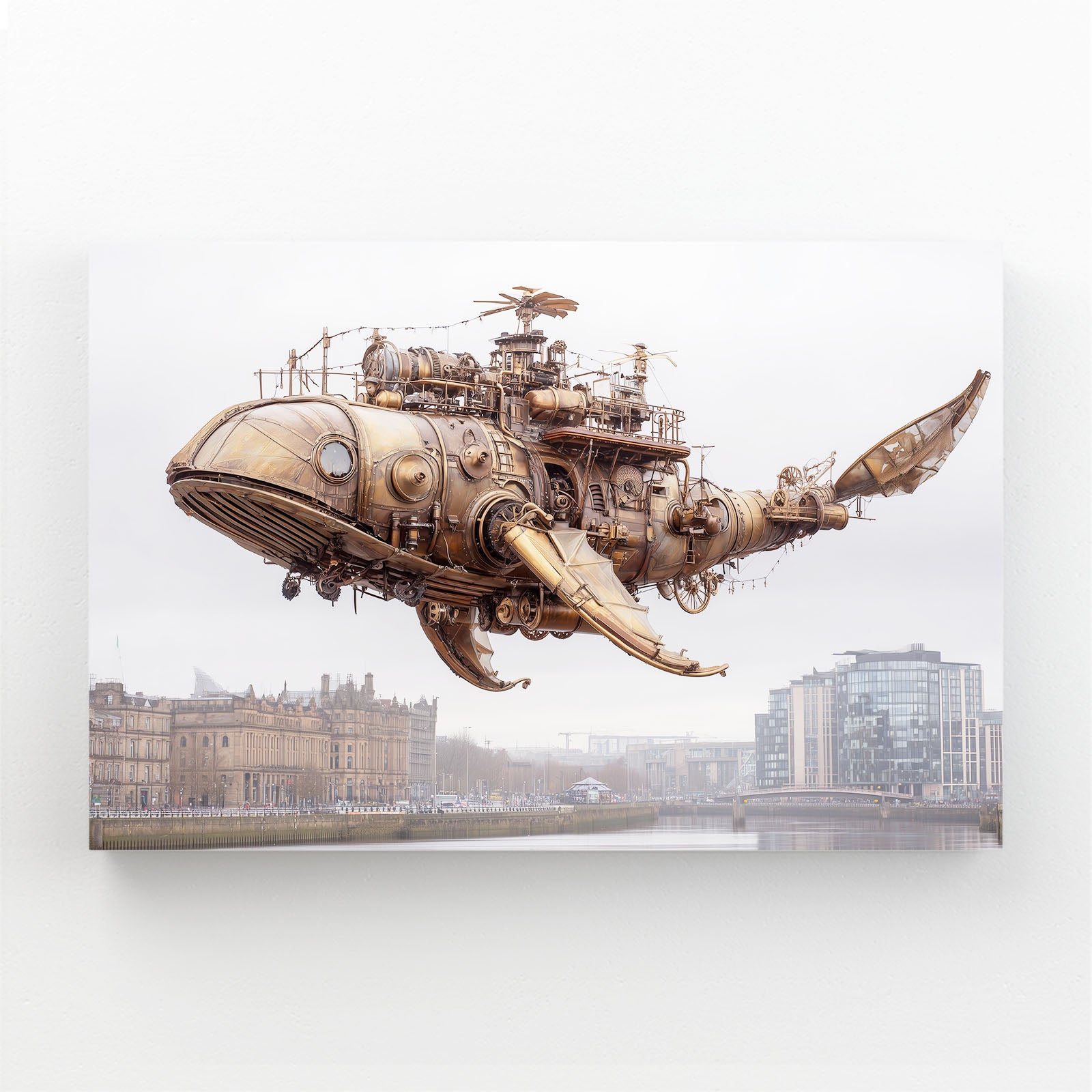 Flying Whale Airship Steampunk Canvas Art – angled canvas view on white background