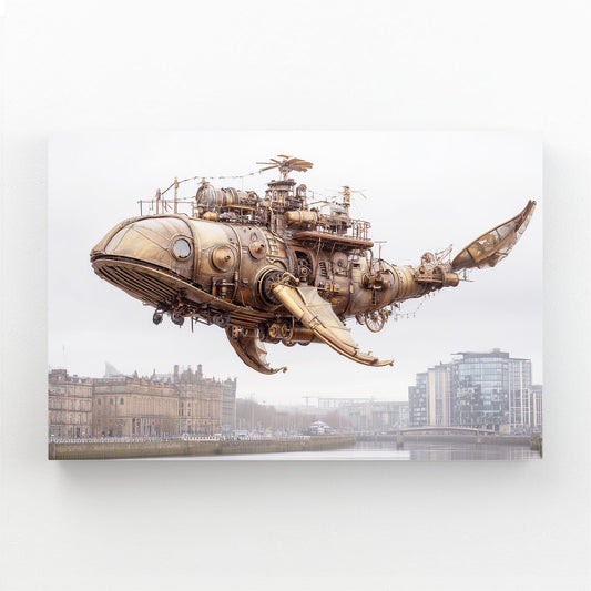 Flying Whale Airship Steampunk Canvas Art – angled canvas view on white background