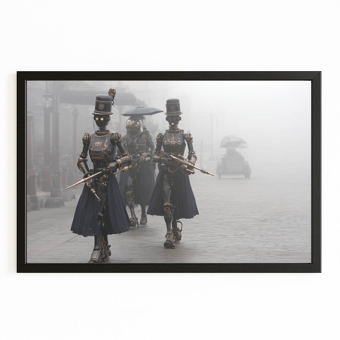 Foggy Blade Wanderers Steampunk Wall Decor – with Premium Black frame on white background